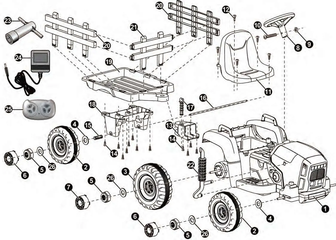 Exploded view of the tractor components