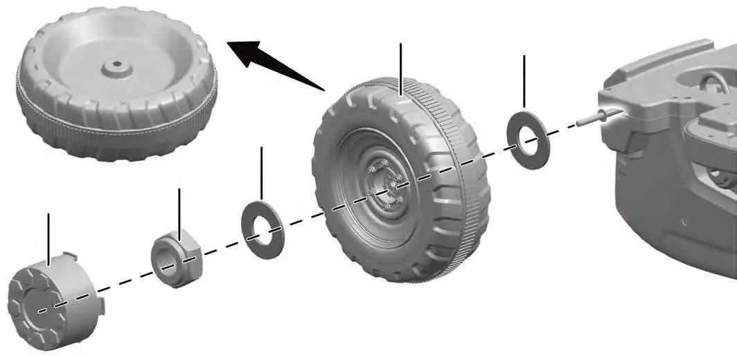 Install the wheel onto the axle with washers and a lock nut.