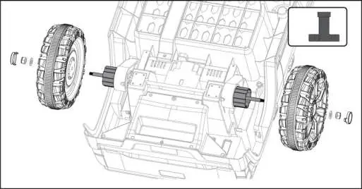 Slide the wheels onto the rear axle and secure them with the provided caps.