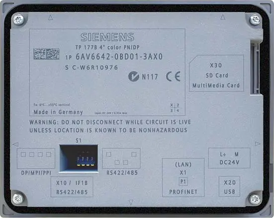 Rear view of TP 177B 4" showing ports and DIP switches
