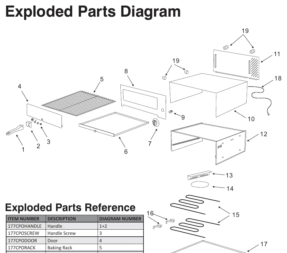 Exploded parts diagram for the snack oven.