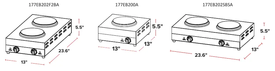 Dimensions and configuration of the hot plate models