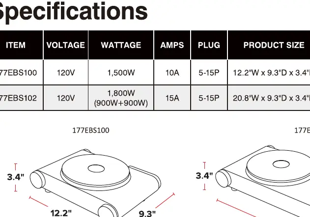 Dimensions and layout of 177EBS100 and 177EBS102 models.