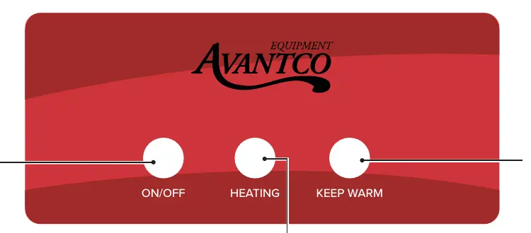 Control panel layout showing ON/OFF, Heating, and Keep Warm indicators.