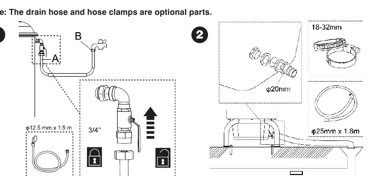 Water and discharge hose connection diagrams