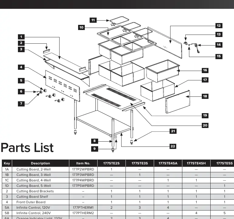 Exploded view of the steam table components