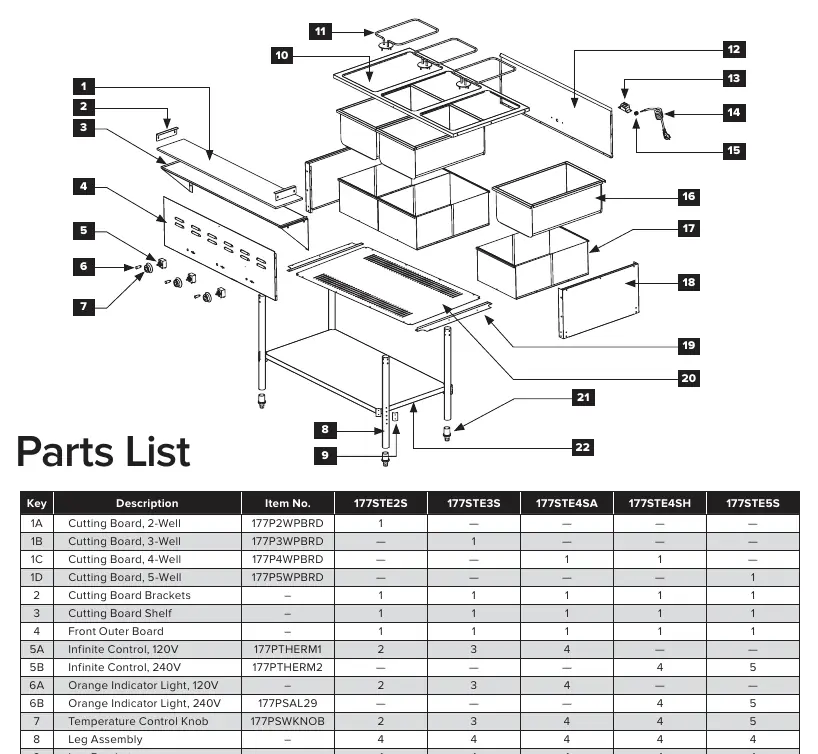 Exploded view of the steam table components
