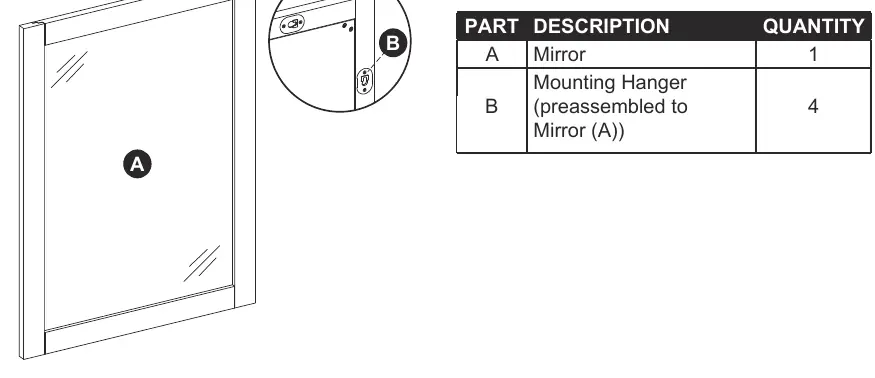 Package contents including mirror and mounting hardware.